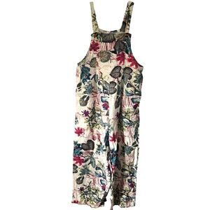 Floral Linen-Blend Women's Overalls Jumpsuit - Cream Multi